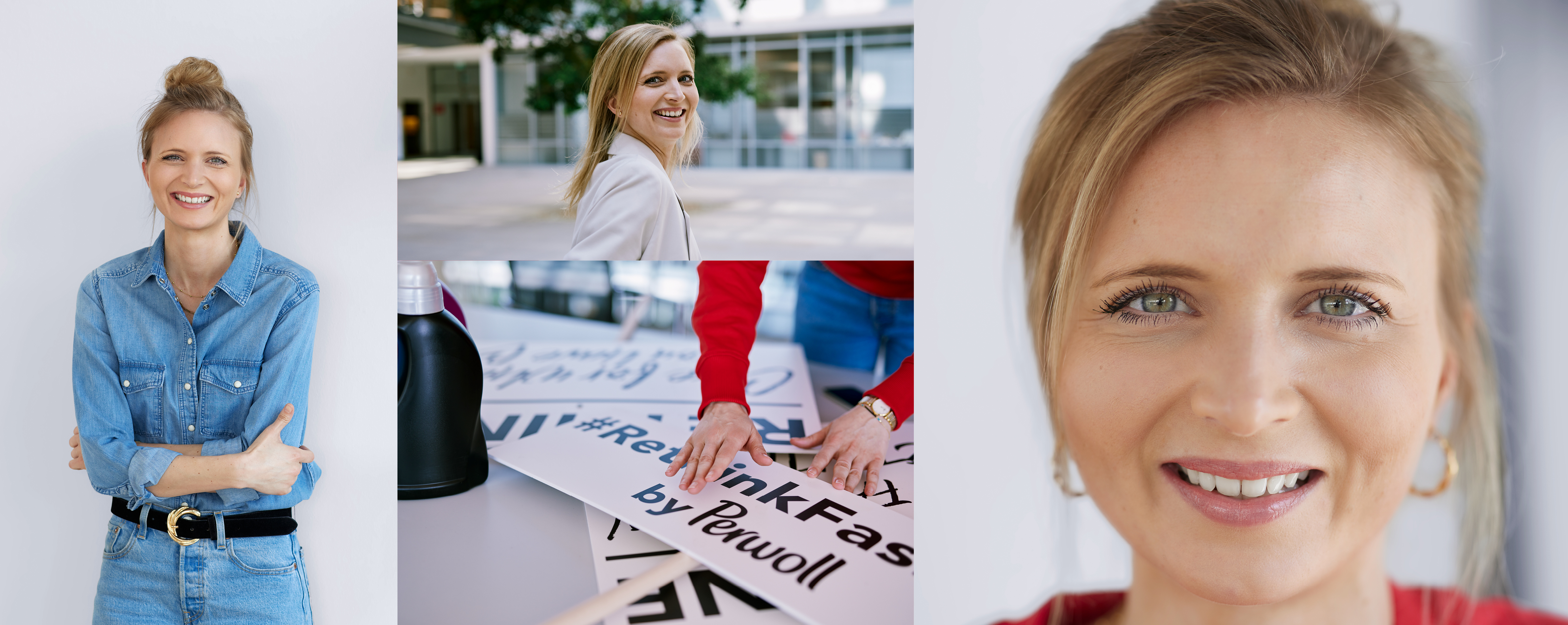 Una empleada de Henkel frente a su lugar de trabajo. Ella posa para la cámara, ordena carteles de la campaña #Rethink Fashion de Persil y sonríe. 
