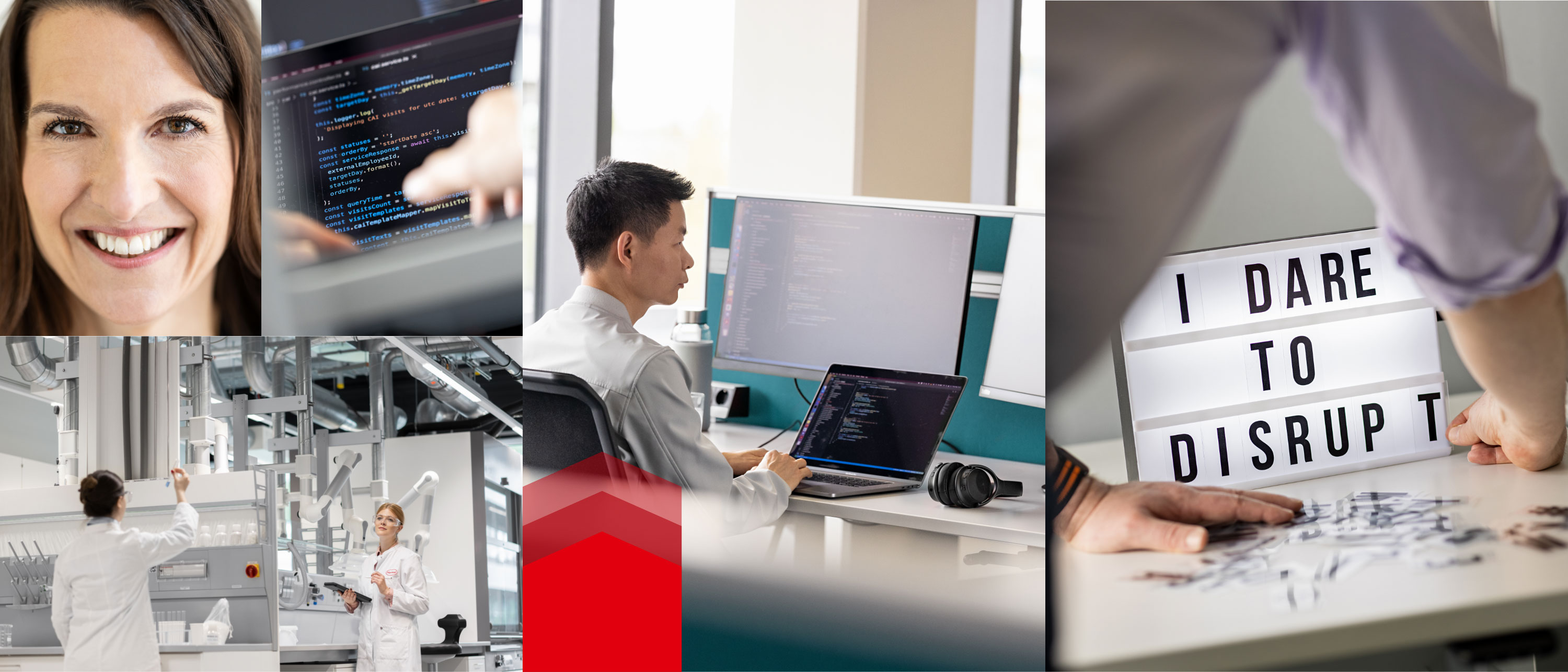 Un collage de lugares de trabajo de Henkel. Imágenes de tecnología, transformación digital e ideas frescas. 