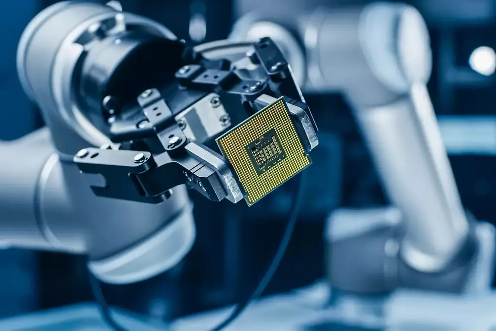Brazo robótico que opera maquinaria automatizada en un entorno de fabricación de semiconductores.