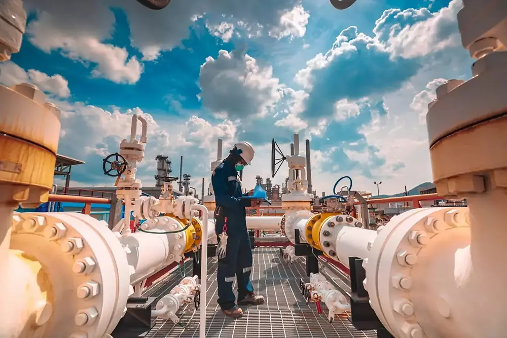 Instalación industrial con grandes tuberías y trabajadores inspeccionando equipos al aire libre.