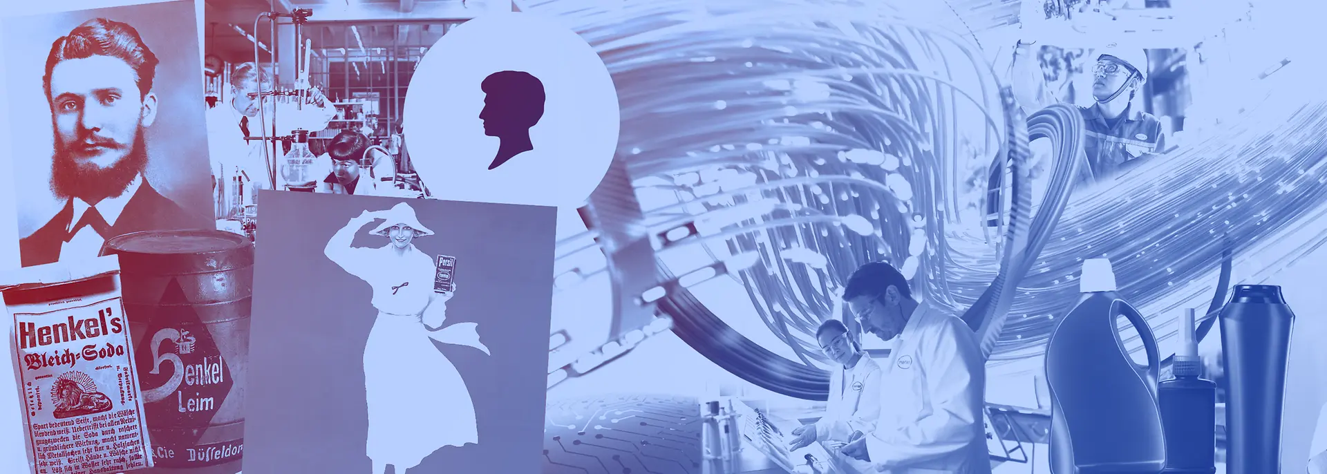 Collage of vintage Henkel products, detergent bottles, lab workers, and historical advertisements in blue tones.