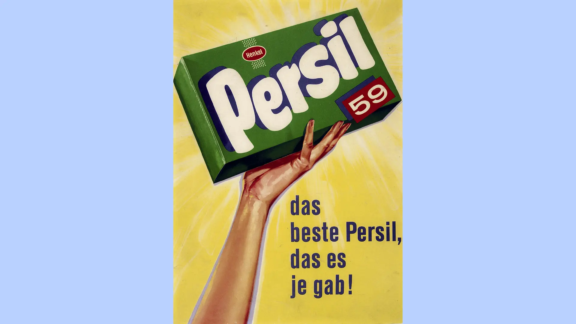 Cartel publicitario verde que muestra un paquete del detergente Persil 59.