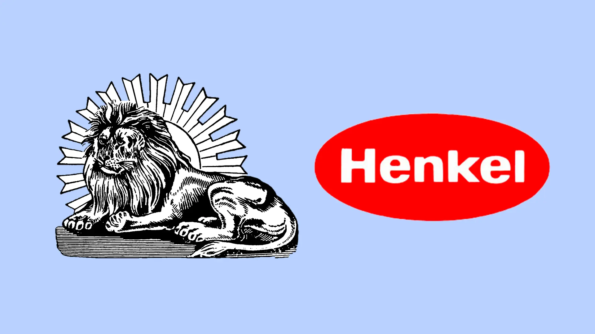 Un collage muestra los dos conocidos logotipos: el histórico león de Henkel aparece junto al óvalo de Henkel (derecha).