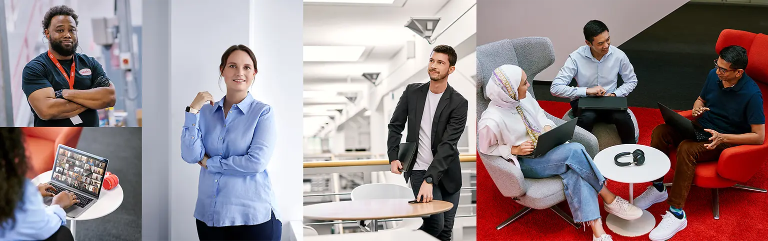 Un collage de diversas personas, tanto hombres como mujeres, que se muestran en varios entornos, incluidos retratos, trabajando en escritorios y colaborando en equipos.